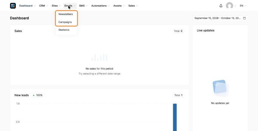 Emails menu with Newsletters and Campaigns