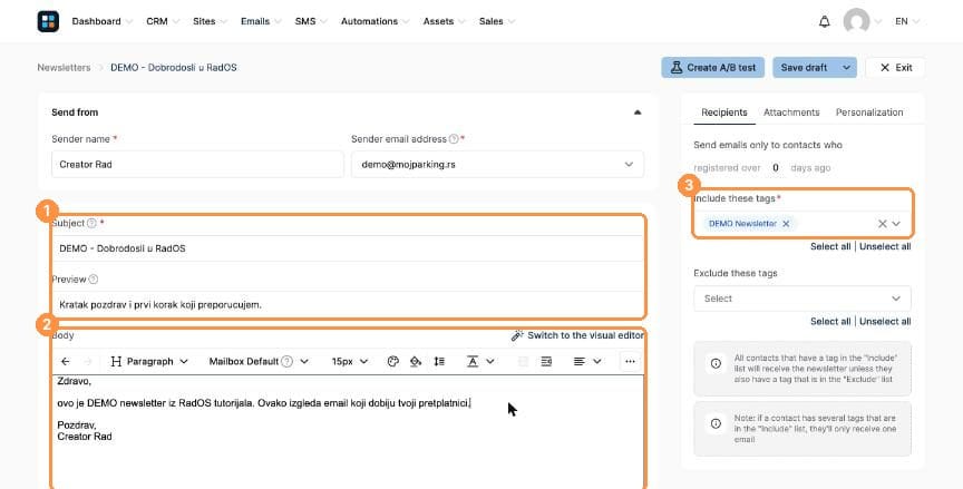Newsletter editor with tags