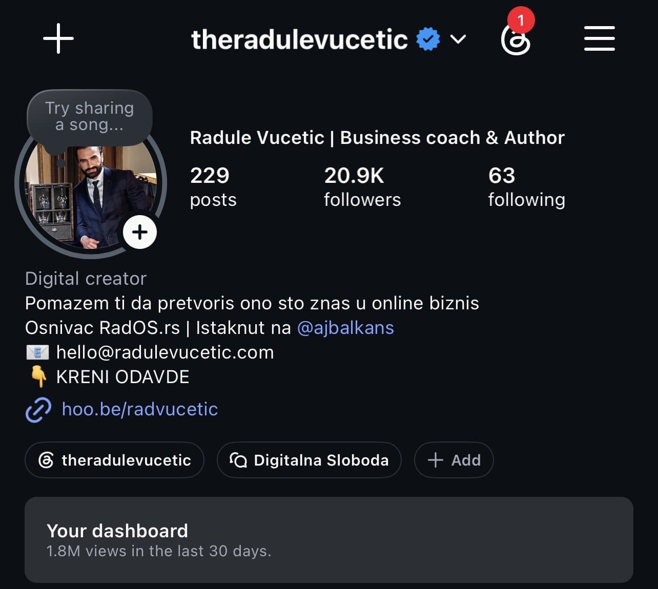 Instagram profil @theradulevucetic sa 20.9K pratilaca