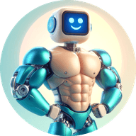 Smiling futuristic fitness robot icon with a muscular body, blue and teal metallic design, and friendly AI face, representing an AI-powered fitness coach app or digital health assistant.