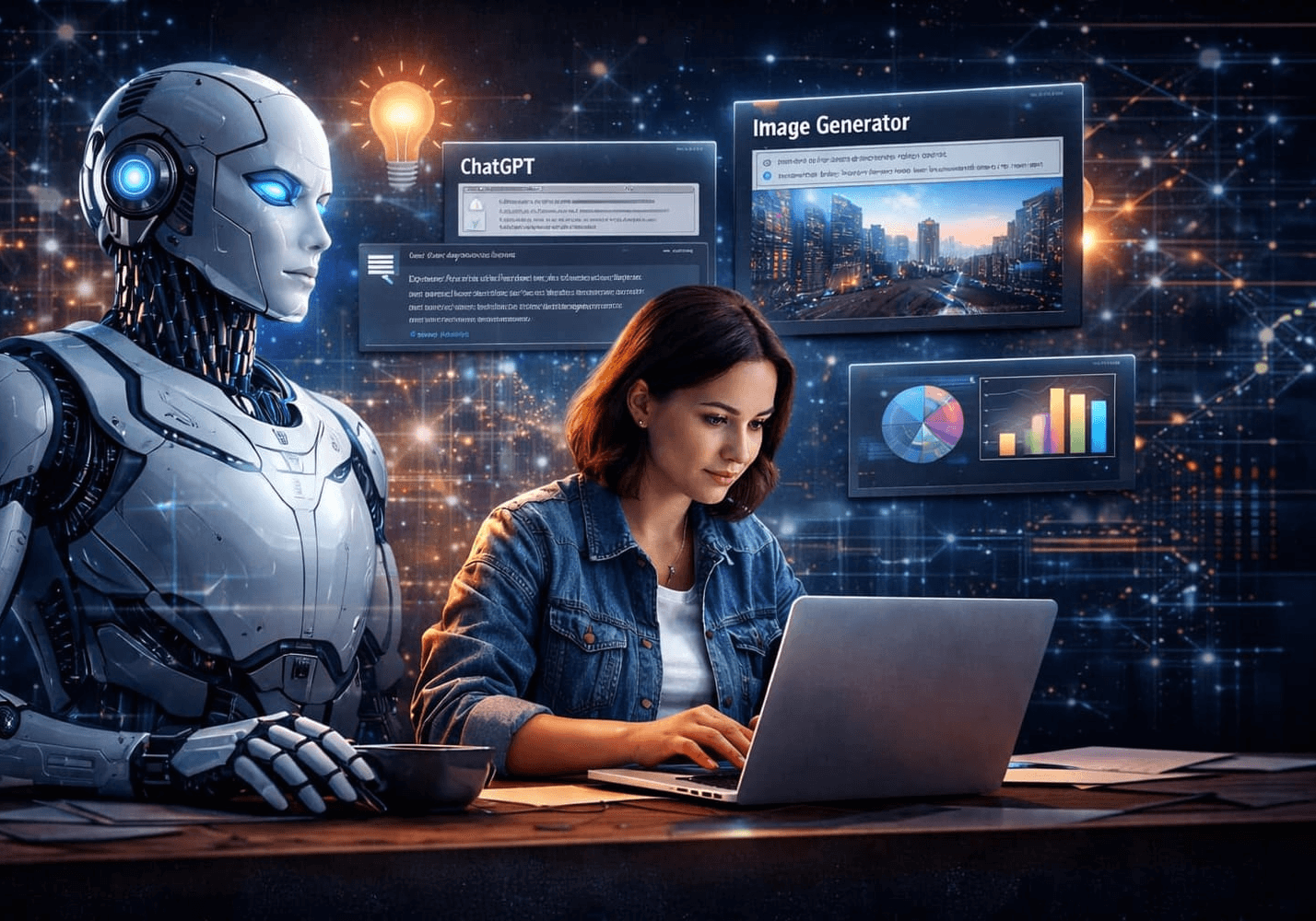 AI literacy concept showing a person learning artificial intelligence skills before being overwhelmed by AI tools