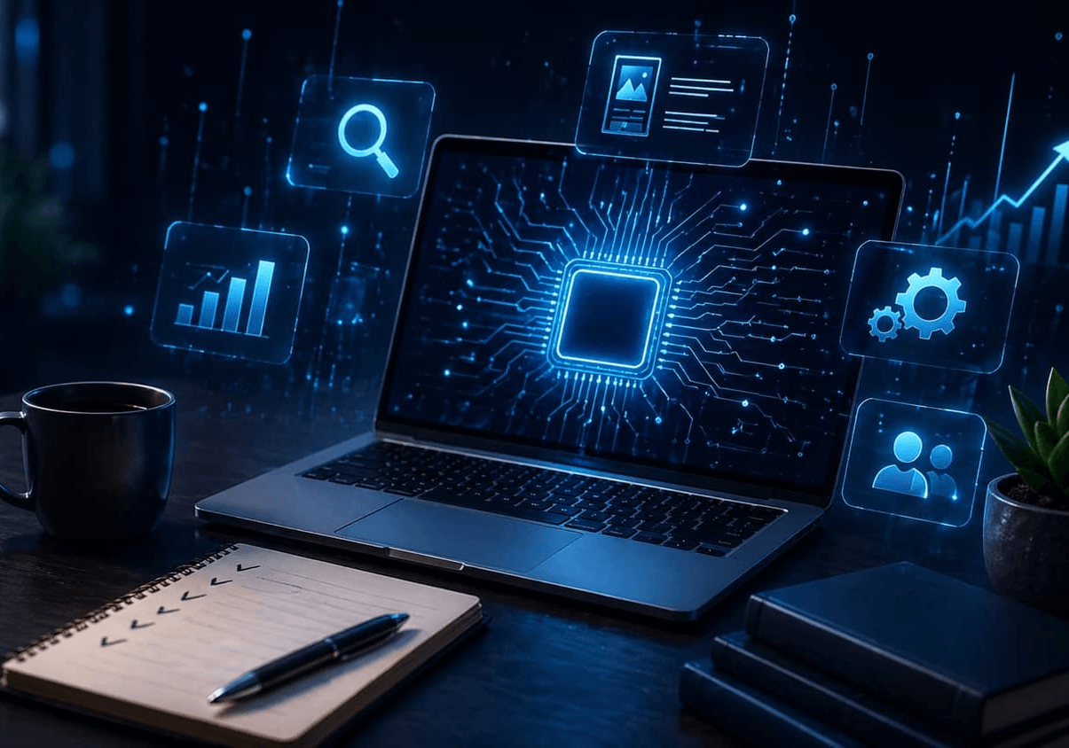 AI-powered workspace showing creators and small businesses using digital tools for content, SEO, automation, and growth