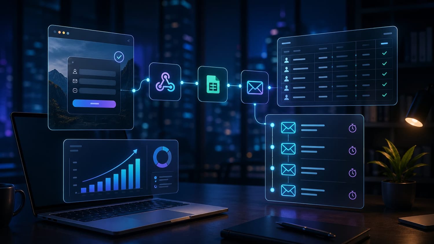 Futuristic automation workflow showing a website signup form connected to Make.com, Google Sheets, email follow-ups, and subscriber tracking