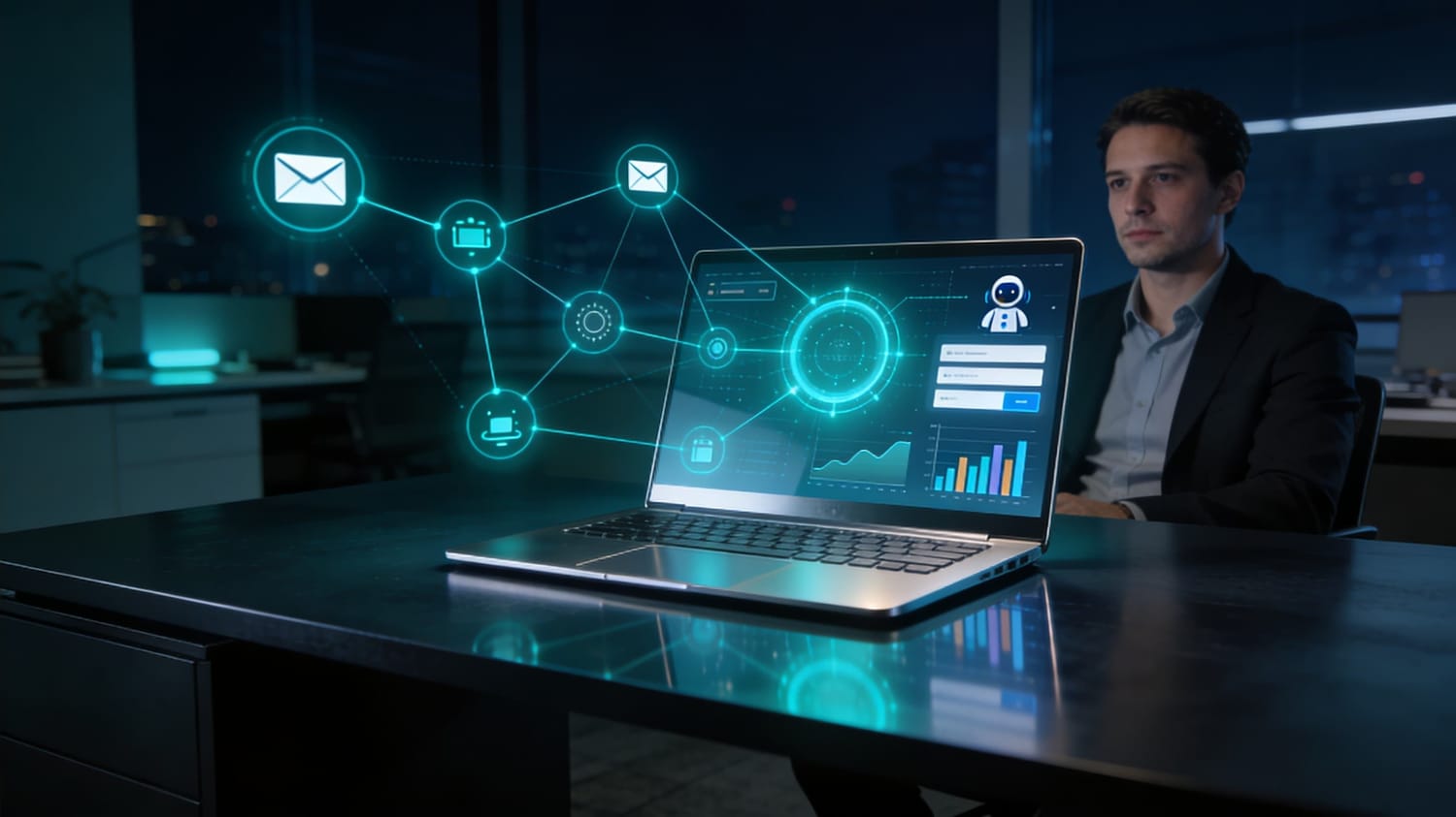 AI automation workflow for small businesses with connected digital systems, lead capture, analytics, and smart workflow tools