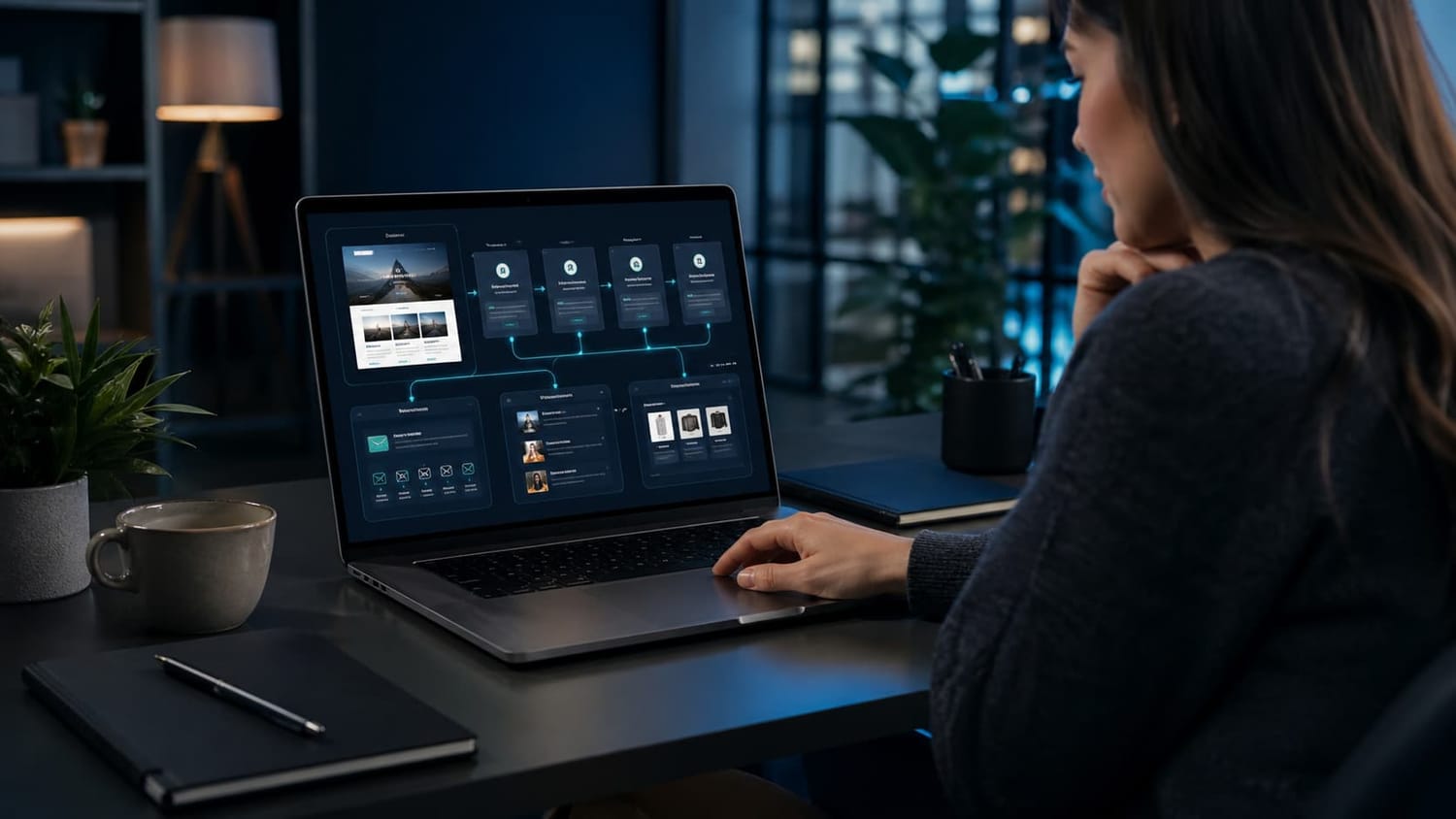 Small business digital platform dashboard showing website pages, sales funnels, email lists, online courses, and digital product workflows on a laptop.