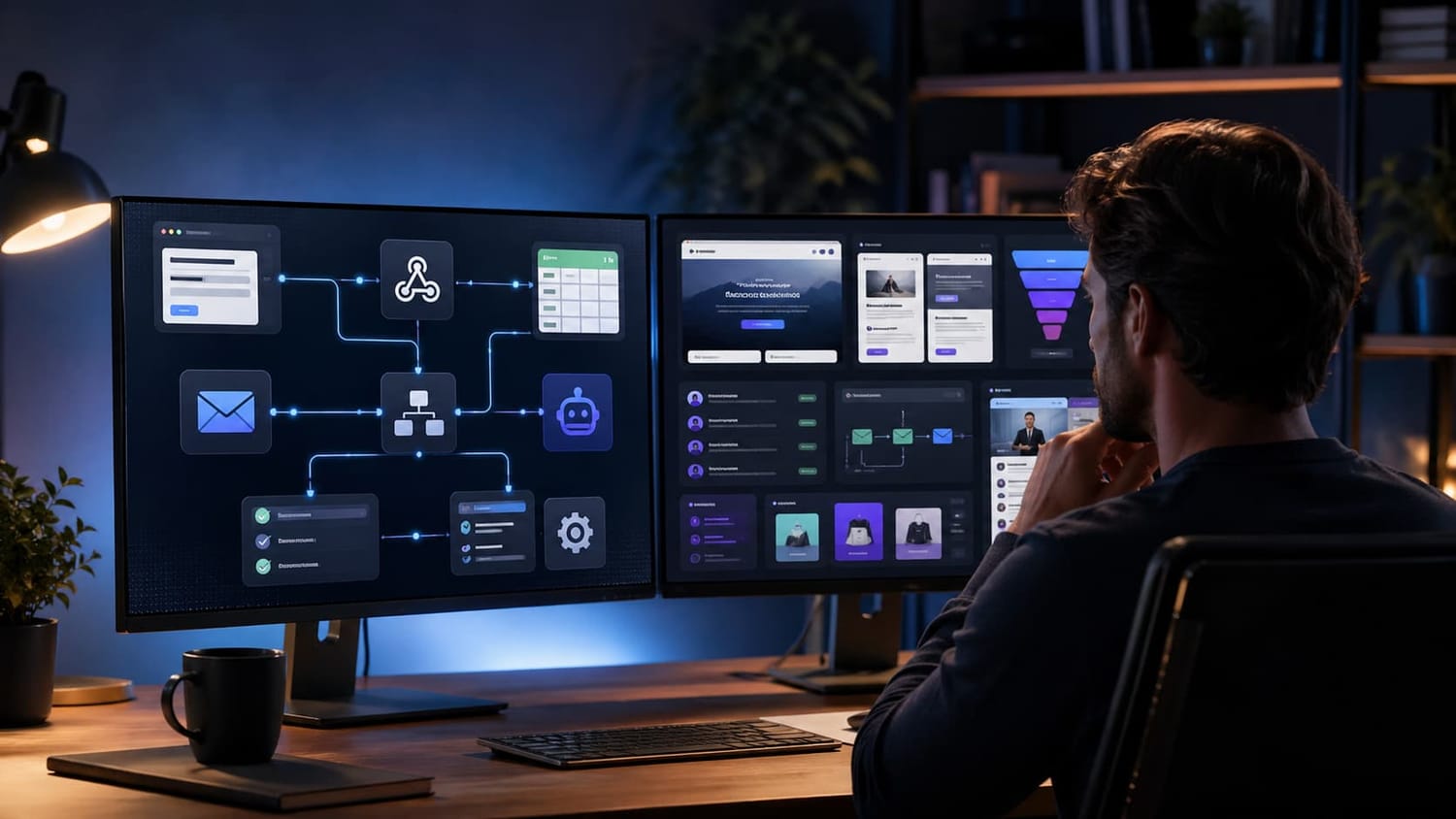 Small business owner comparing automation workflows and digital business dashboards for Make.com and Systeme.io on dual monitors