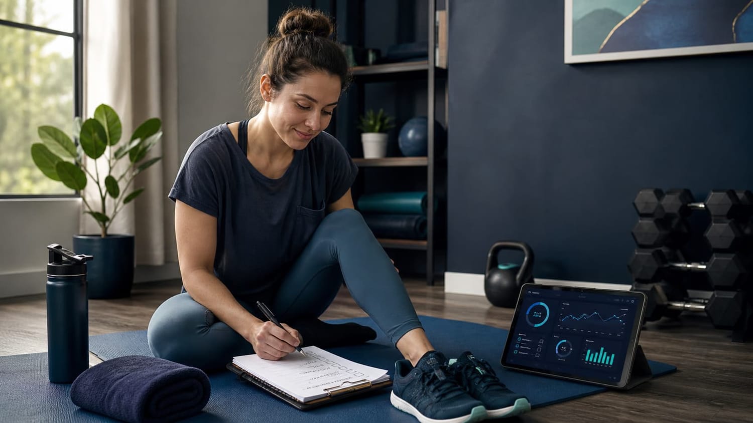 Beginner preparing to start a gentle fitness routine with walking shoes, water bottle, yoga mat, checklist, and fitness app dashboard.