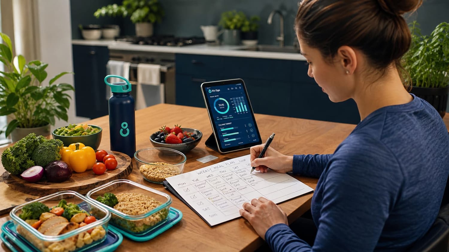Simple meal planning routine with fresh ingredients, weekly food plan, meal containers, and a fitness app dashboard.