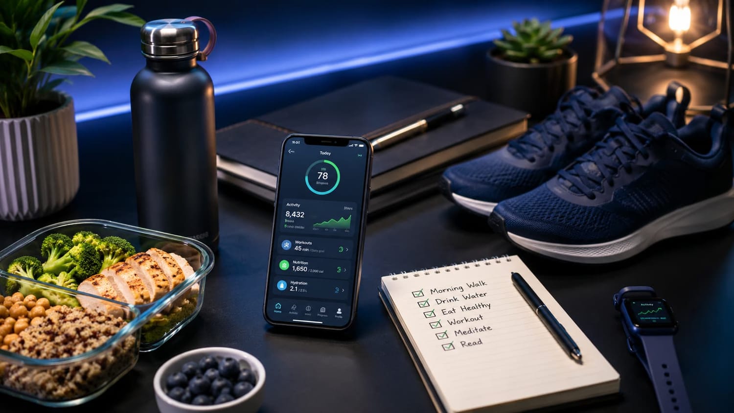 Modern wellness workspace with habit-tracking dashboard, water bottle, meal prep, walking shoes, and completed daily habit checklist.