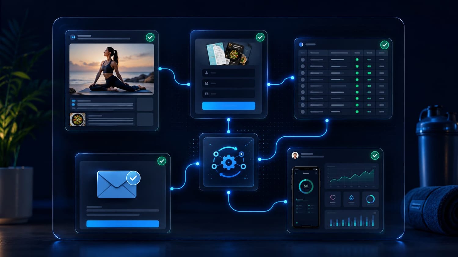 AI-powered blog-to-email funnel workflow connecting content, lead capture, automation, Google Sheets, Outlook, and Fit Ogo app activation.