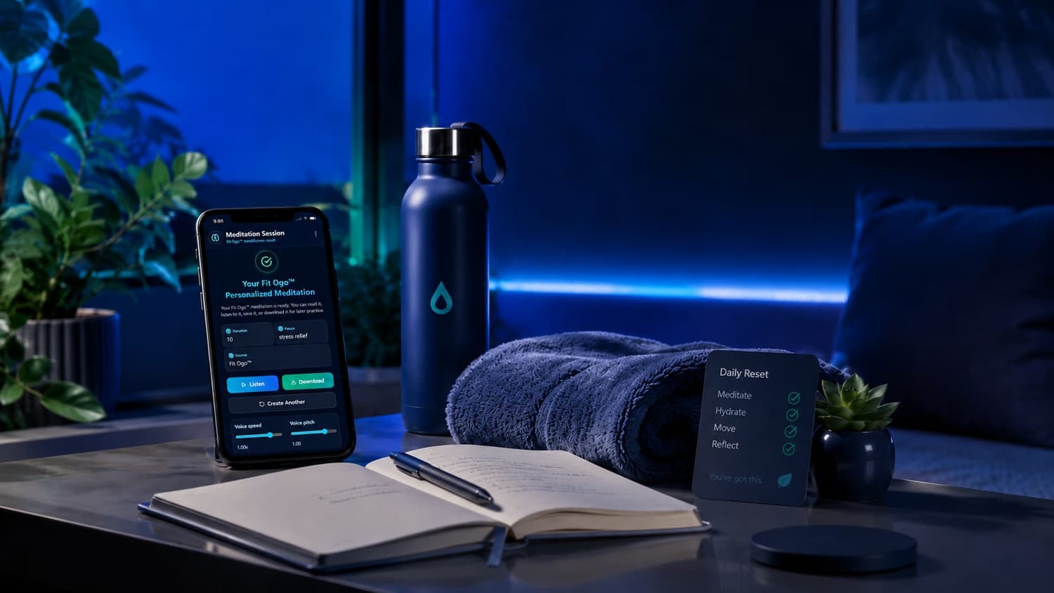 Calm modern meditation workspace with phone wellness app, soft lighting, water bottle, journal, and peaceful beginner meditation setup.