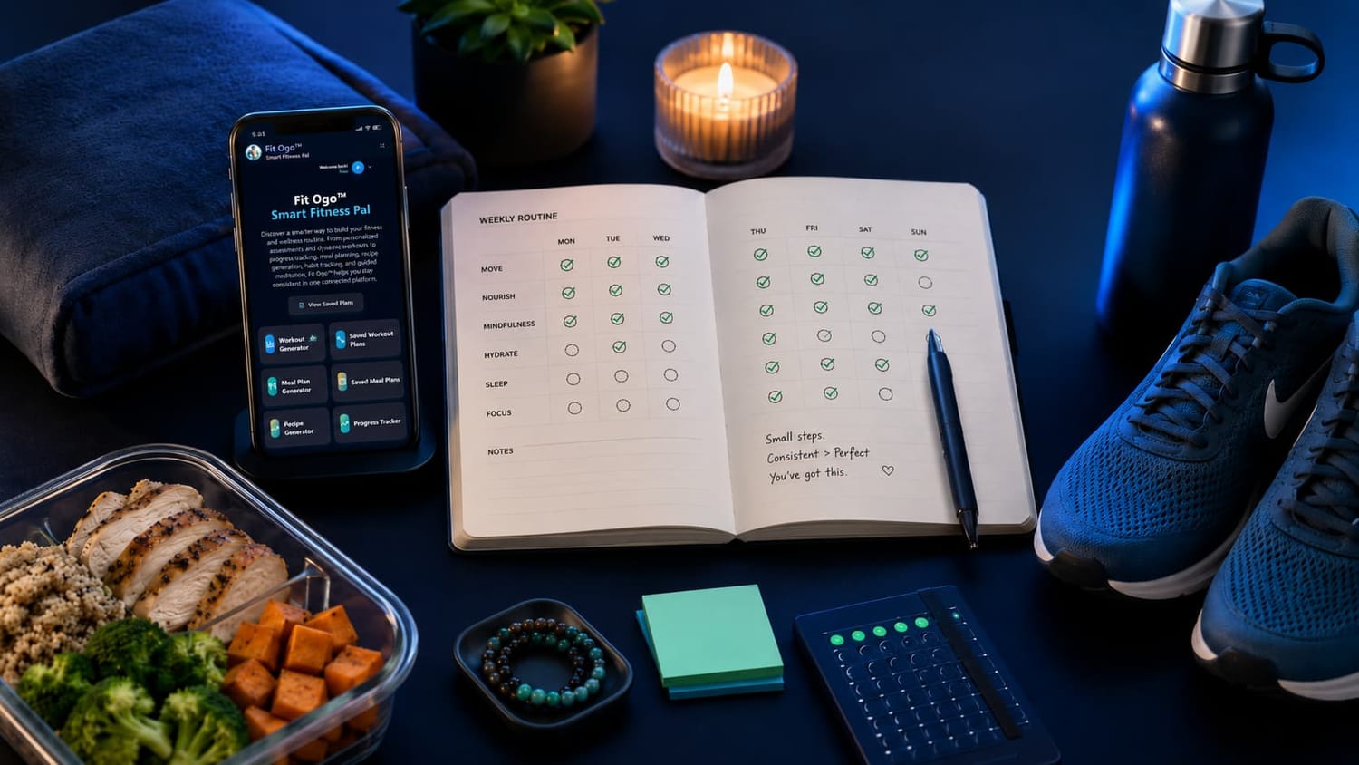 Modern wellness planning setup with smartphone routine dashboard, journal, walking shoes, water bottle, meal prep, and meditation items.