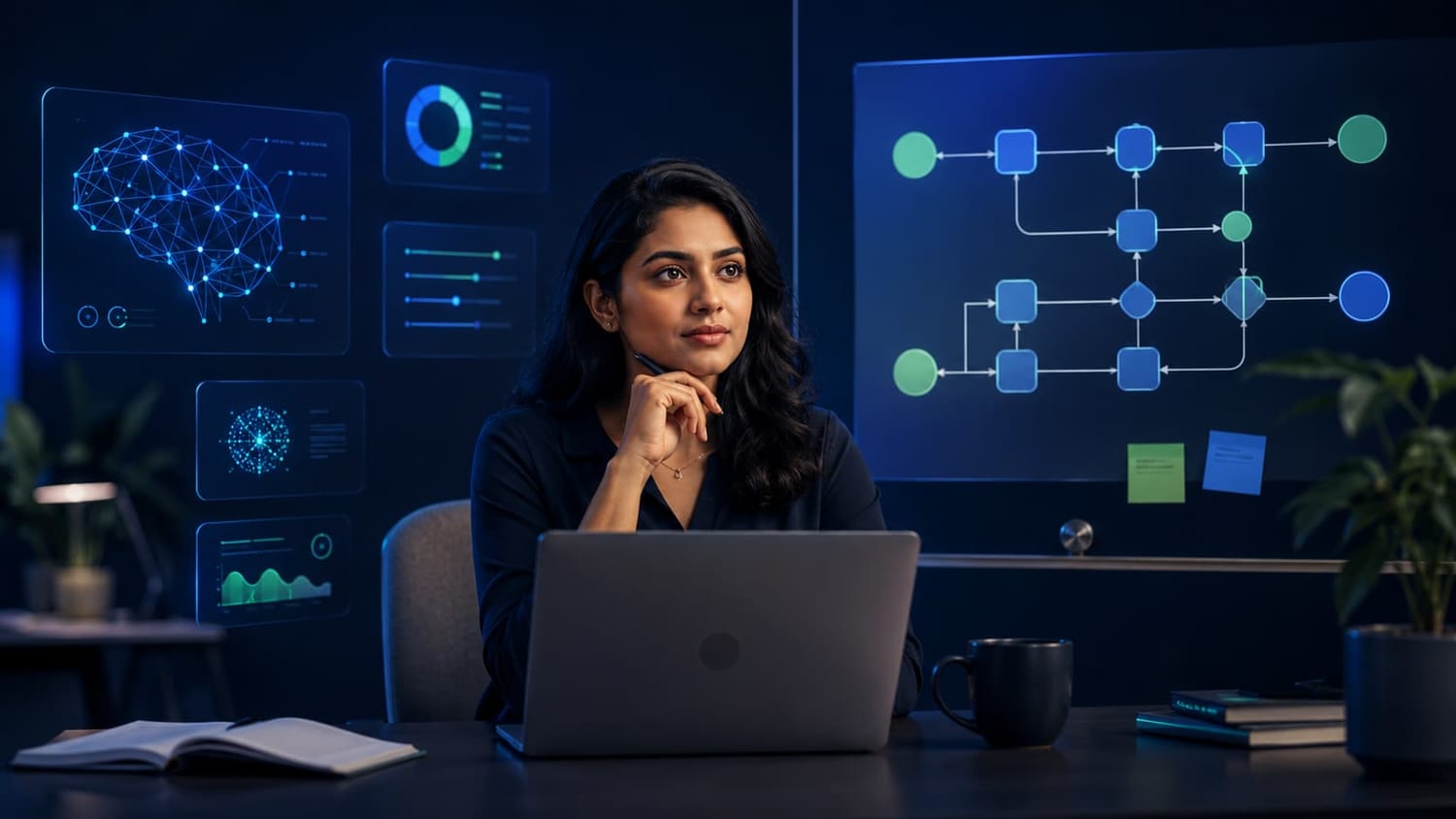 Thoughtful professional using AI tools responsibly with calm workflow panels and a clean workflow board