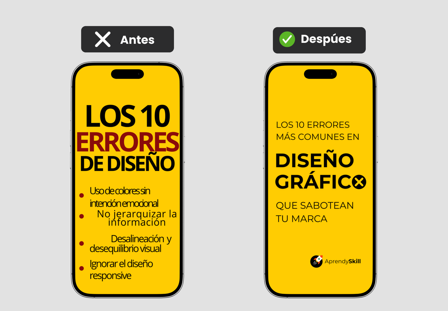 Comparación visual entre un diseño gráfico con errores comunes y otro diseño corregido y optimizado.
