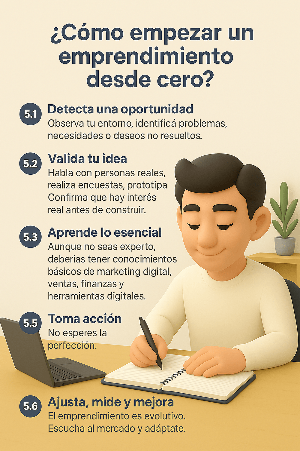 Infografía ilustrada con los pasos clave para empezar un emprendimiento desde cero.