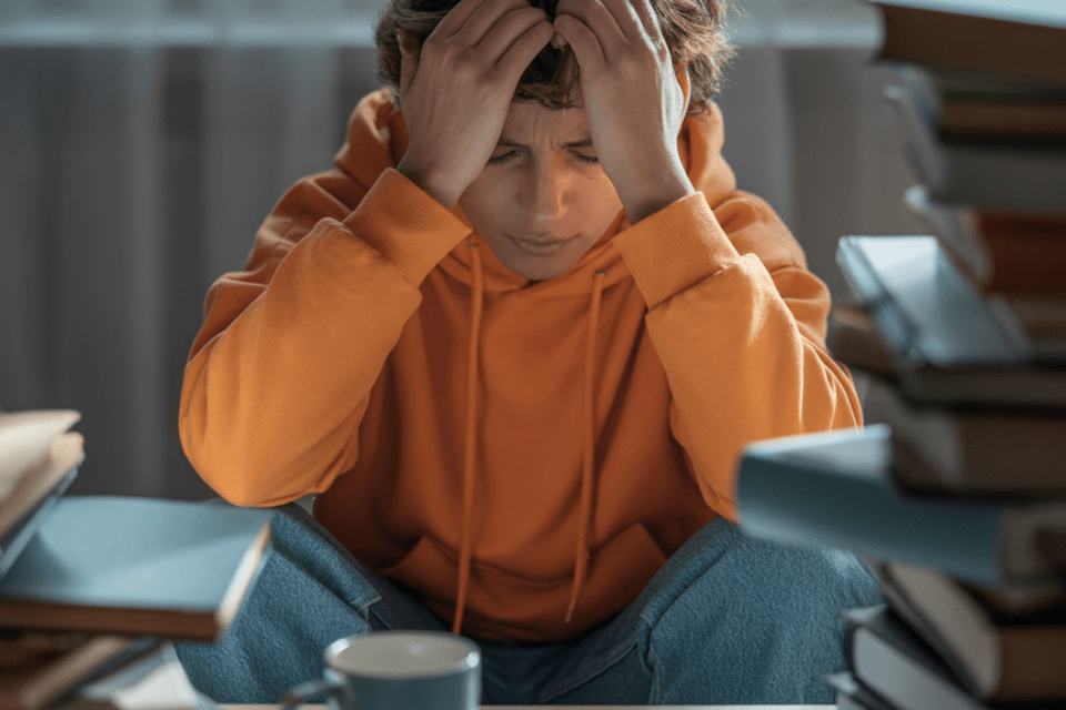 Jongeman zit overweldigd bij in zijn kamer – voorbeeld van ADHD-overweldiging