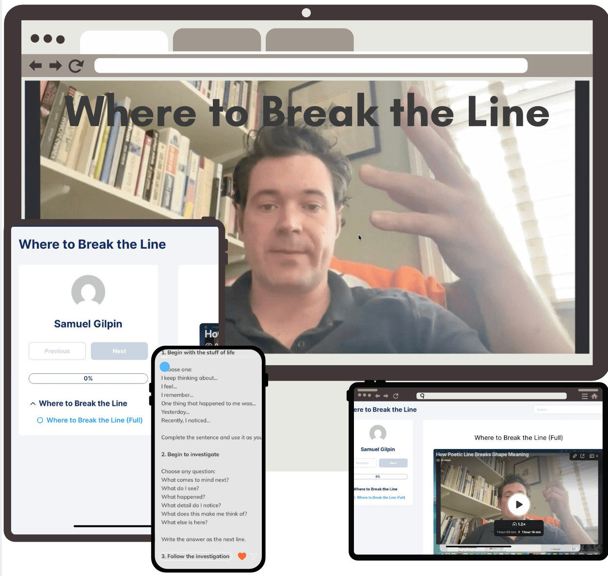 Where to Break the Line course shown on desktop, tablet, and phone.