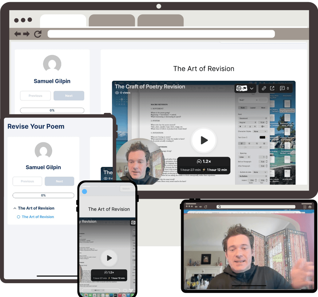 Revise Your Poem course shown on desktop, tablet, and phone.