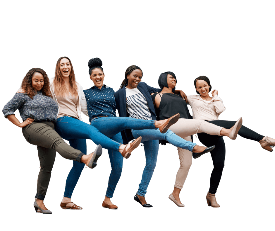 6 lachende Frauen verschiedener Ethnie, in einer Reihe, alle heben das linke Bein. Sinnbild für Individualität, Authentizität, femininer Stärke und Empowerment.