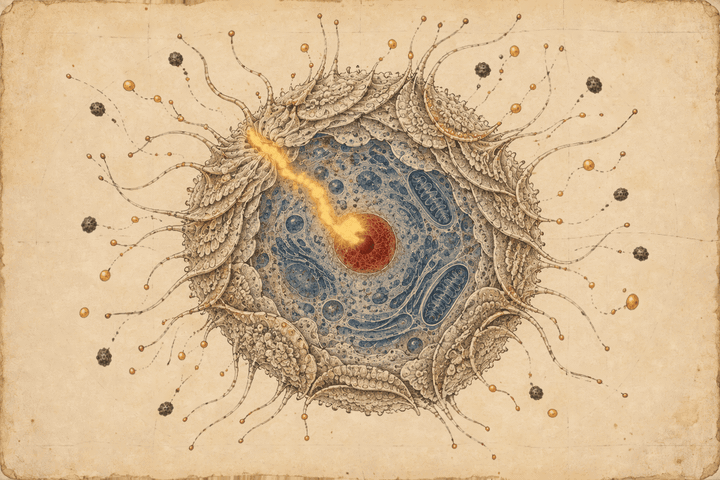 Planche naturaliste : organisme unicellulaire à membrane scellée et lamellaire, filaments sensoriels dressés, un fil ambré traversant un pore ouvert jusqu'au noyau.