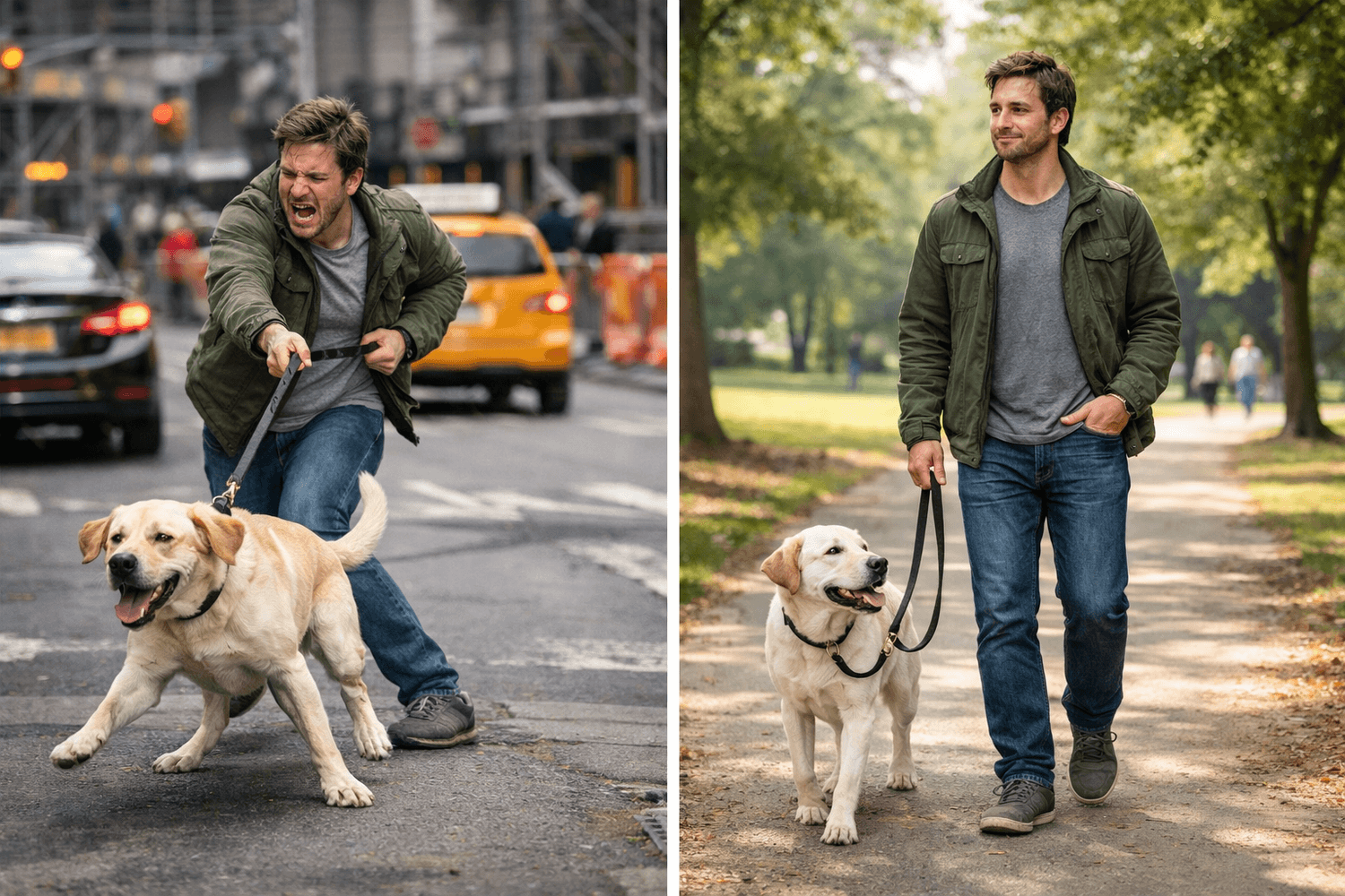 Frustrated owner with dog pulling on leash
