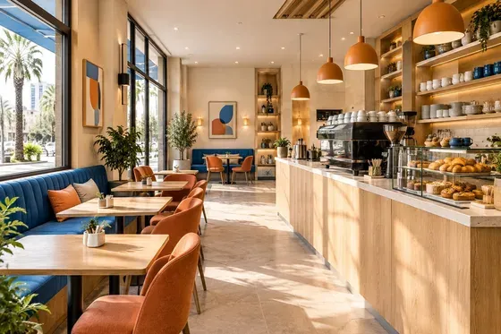 Café aménagé illustrant un fonds de commerce