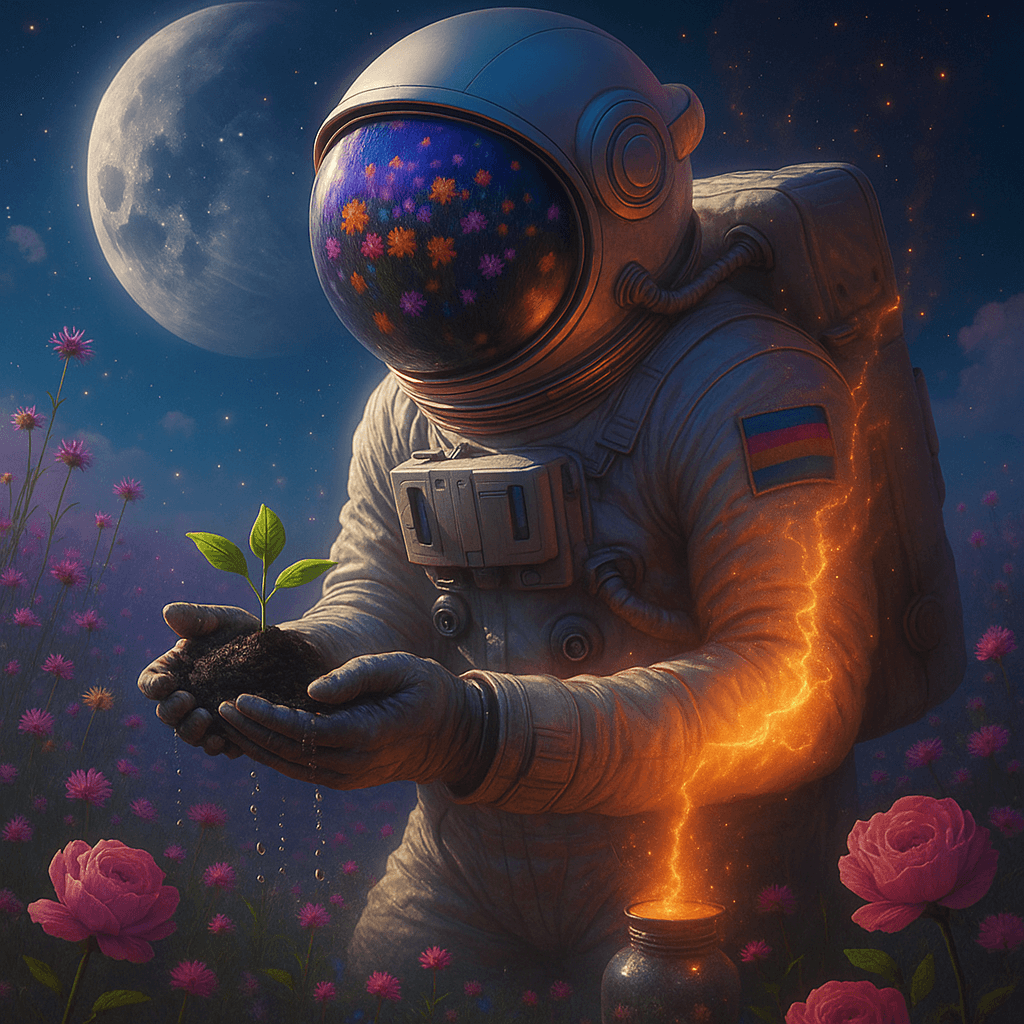 [Imagen de Coaching Espiritual: Explorador espacial tocando una flor cósmica]