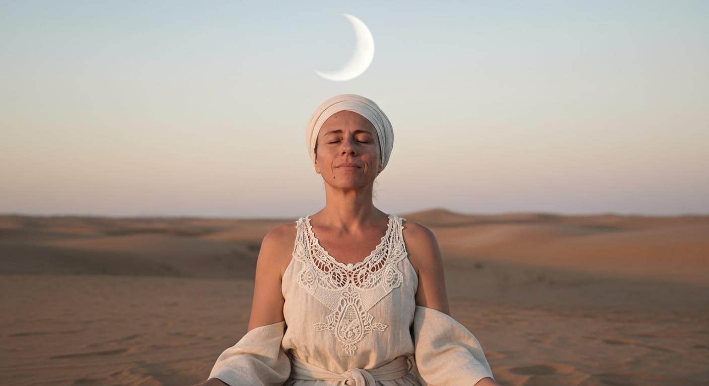 Ilustración abstracta y cósmica de energía kundalini ascendiendo a través de la figura, con colores índigo y fucsia.