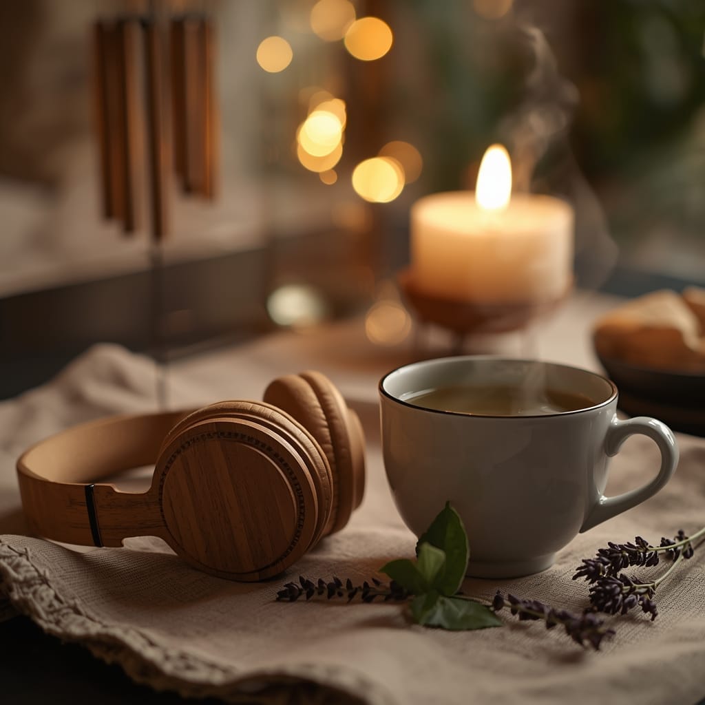 Wooden headphones, a steaming cup of herbal tea, and a lit candle on a cozy blanket, symbolizing peaceful relaxation music and stress relief