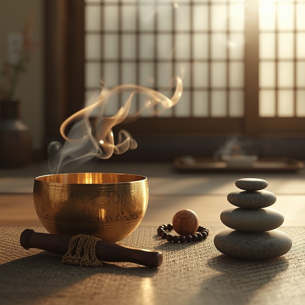A resonant Tibetan singing bowl next to balanced stack of stones, signifying mindful meditation music, focus, and yoga practice.