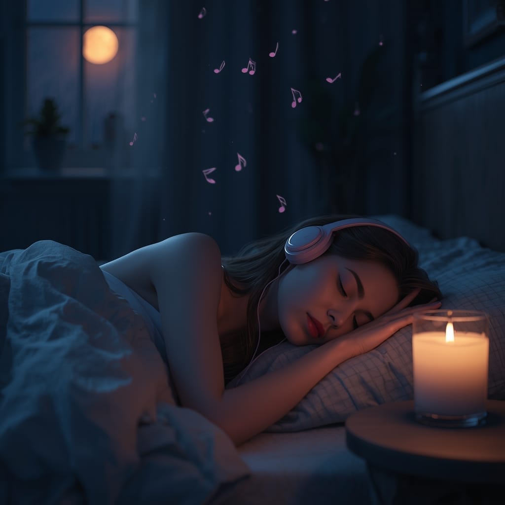 Woman sleeping peacefully with headphones on, symbolizing personalized sleep music, deep rest, and overcoming insomnia.