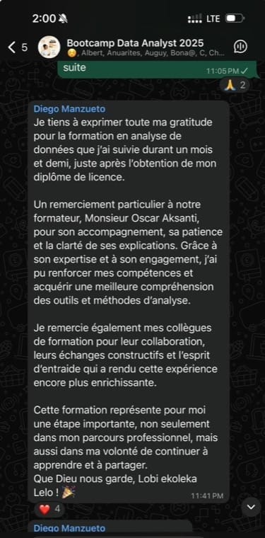 Message Telegram de Diego Manzueto remerciant Oscar Aksanti pour la formation en analyse de données.