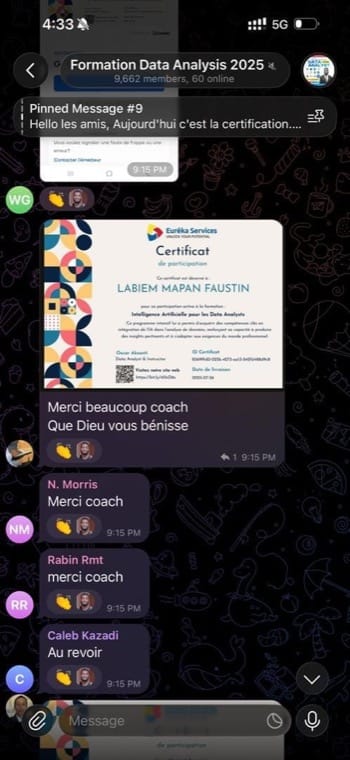 Certificat de participation Eurêka Services partagé par un participant dans le groupe.