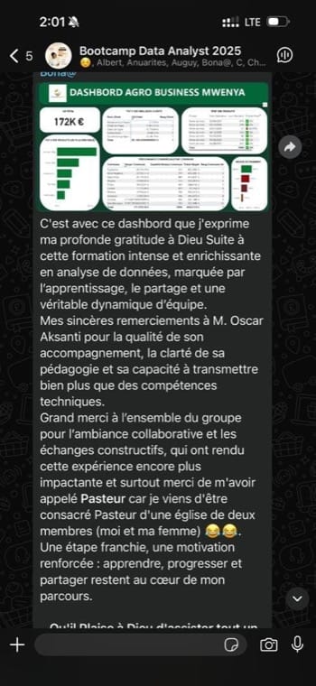 Tableau de bord construit par un participant, partagé dans le groupe de formation.