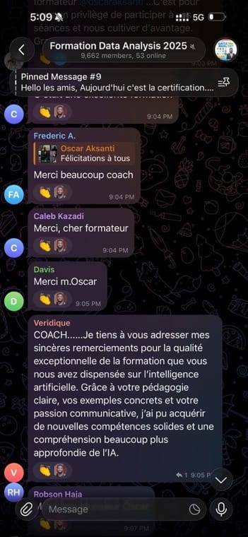 Fil Telegram après une session sur l'intelligence artificielle : plusieurs remerciements.