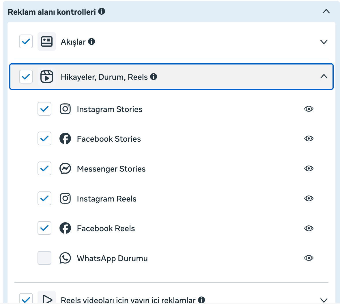 Meta Ads Manager yerleşim kontrolleri (Feeds, Stories, Search results) ekranı