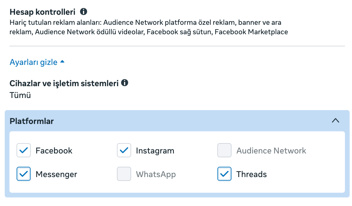 Platforms bölümü — Facebook, Instagram, Audience Network, Threads seçenekleri
