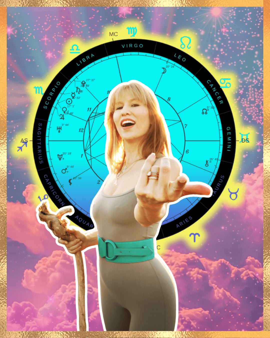 Cosmic Mission artwork with Kathryn, a birth chart, and a colorful sky