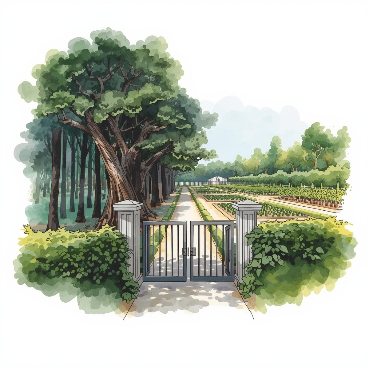 Portail avec une forêt à gauche et un jardin propre à droite