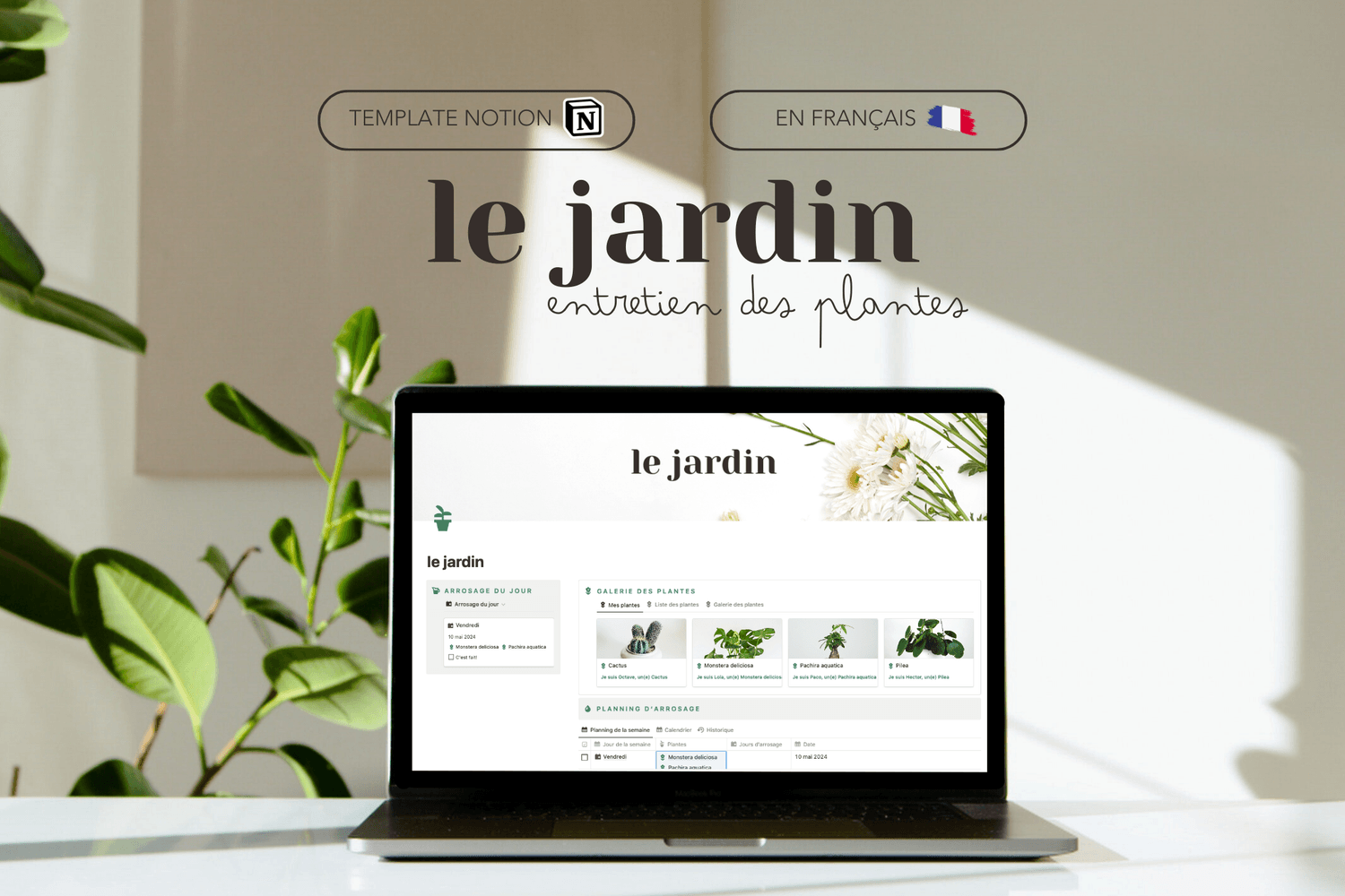 Le jardin - entretien des plantes d'intérieur et d'extérieur, template Notion français