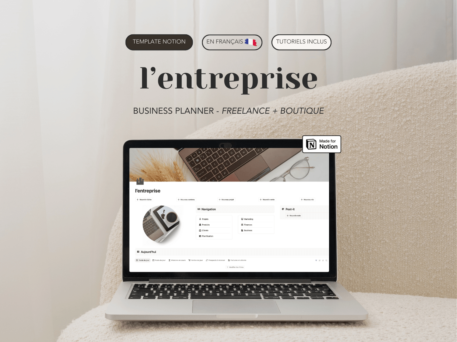 Aperçu sur un ordinateur du template Notion l'Entreprise, un business planner pour gérer son entreprise (freelance et small business)