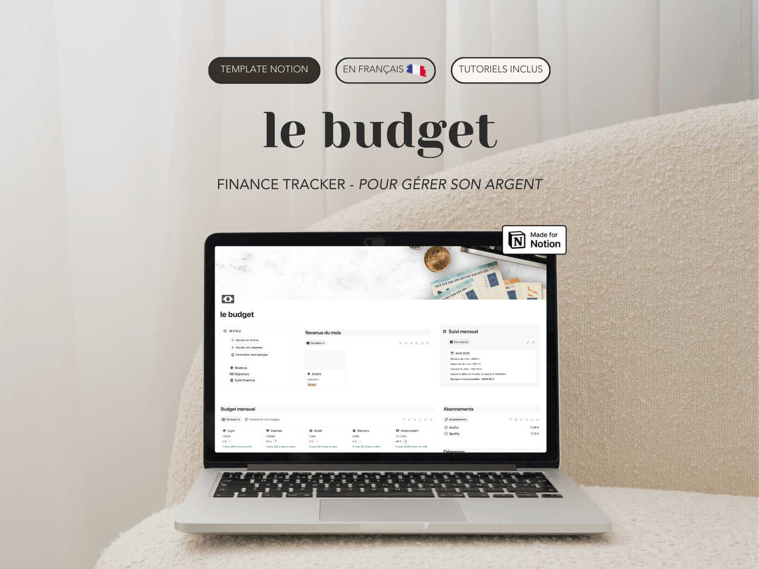 Aperçu sur un ordinateur du template Notion le Budget, un planificateur de finances personnelles (revenus, dépenses et épargne)