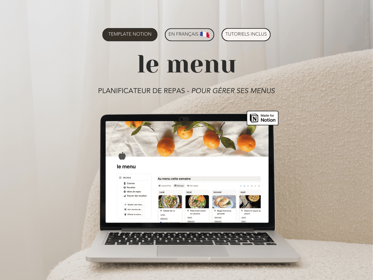 Aperçu sur un ordinateur du template Notion le Menu, un planificateur de repas pour prévoir son menu de la semaine et en finir avec la corvée des courses