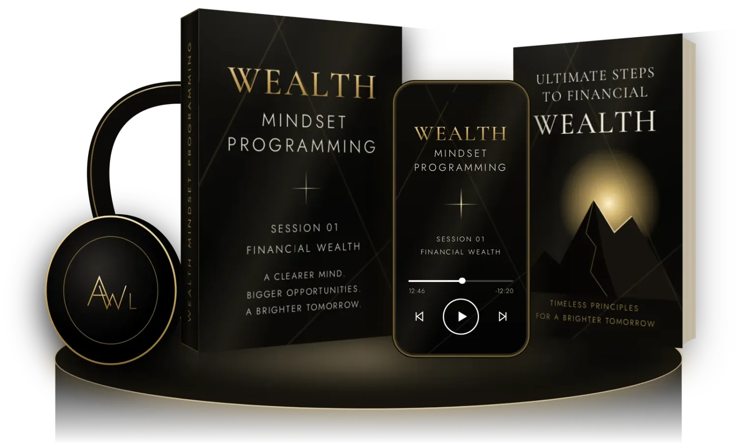 Wealth Mindset Programming: the audio session, the audiobook on a phone, and the digital edition of Ultimate Steps to Financial Wealth