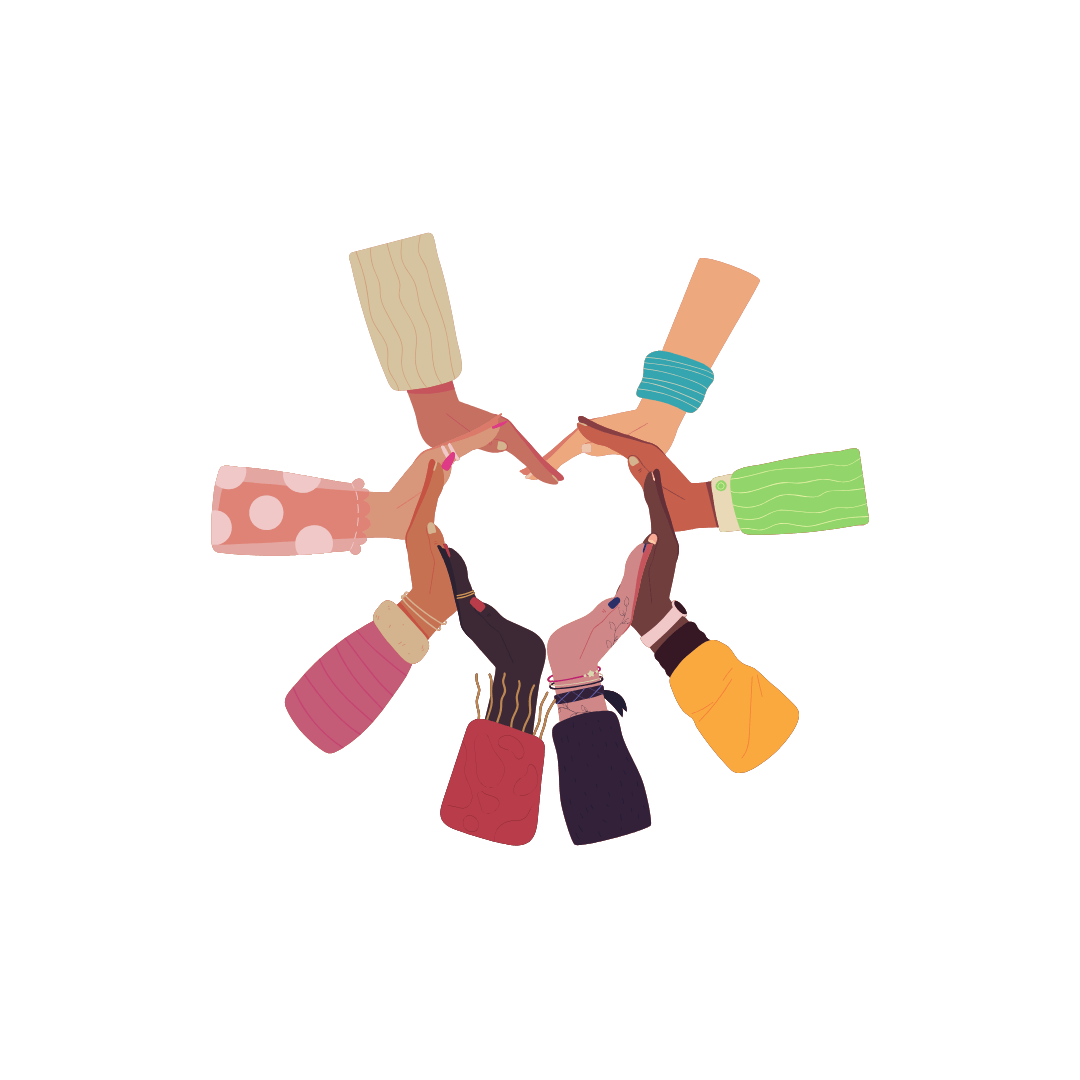 Illustration coeur formé avec 8 mains de toutes les éthnies
