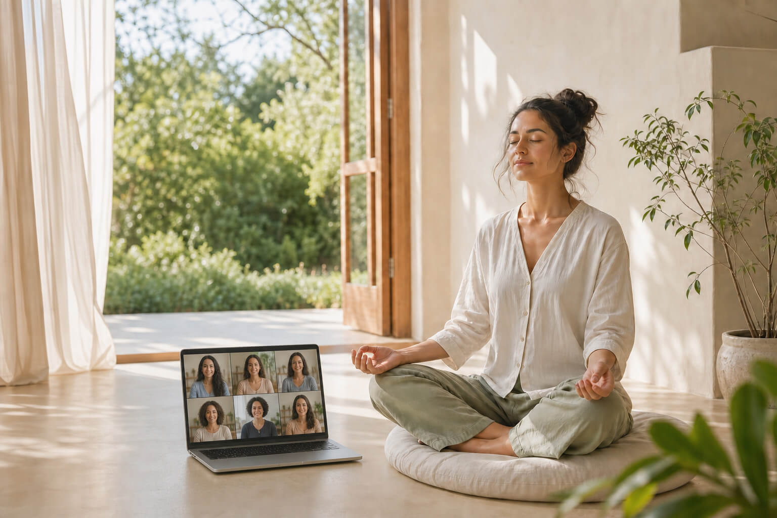 A woman meditating at home beside a laptop showing women gathered in a live virtual Sunday circle