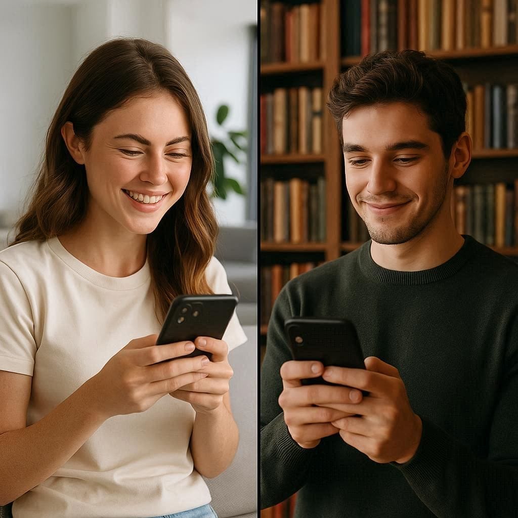 Dos jóvenes hablando por celular en una serie de eventos afortunados