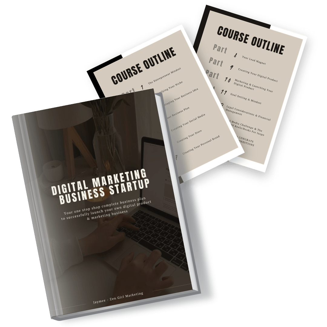 Digital Marketing Business Startup Guide - Course outline highlighting topics like the entrepreneur mindset, identifying your niche, and creating a personal brand for online business success.