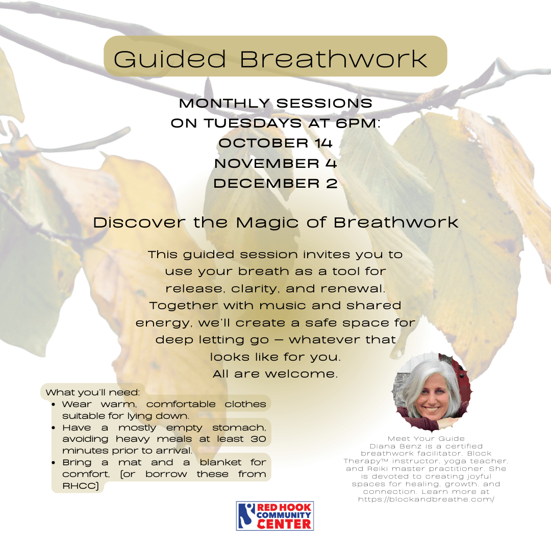 Flyer for monthly Guided Breathwork at Red Hook Community Center