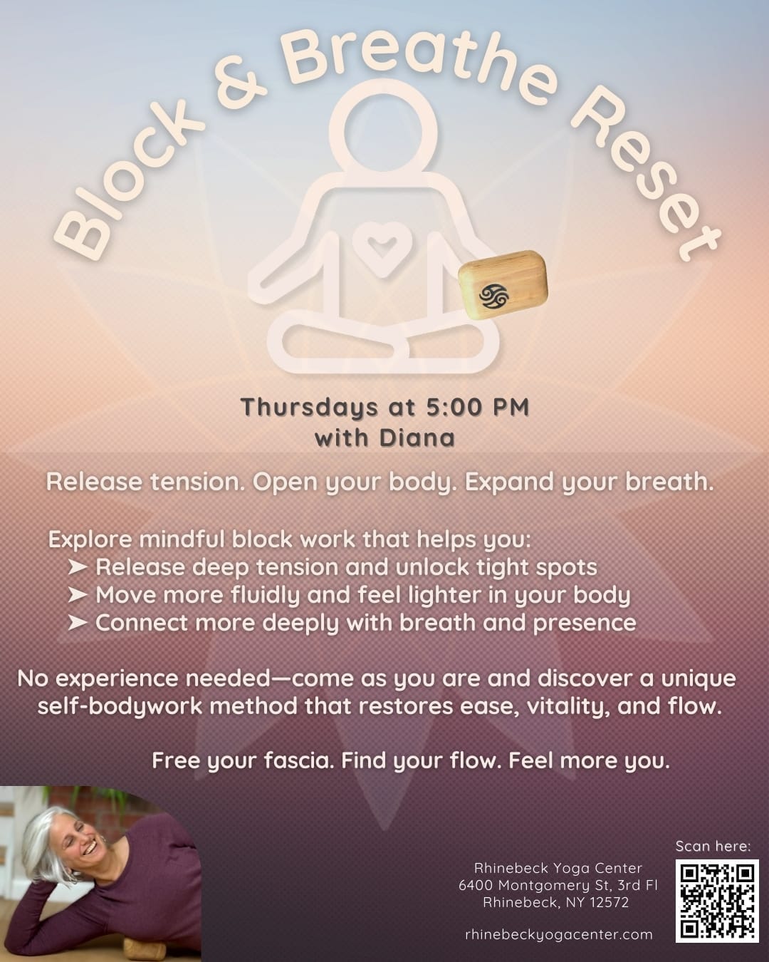 Flyer for the weekly Block & Breathe Reset class at Rhinebeck Yoga Center